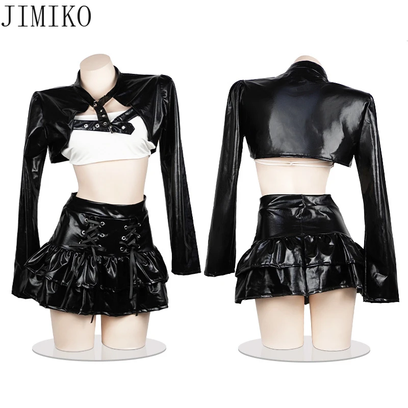 2024 Halloween Gothic Faux Leather Wet Black Top manica lunga e minigonna Clubwear abiti Sexy Anime giapponesi Kawaii Cosplay