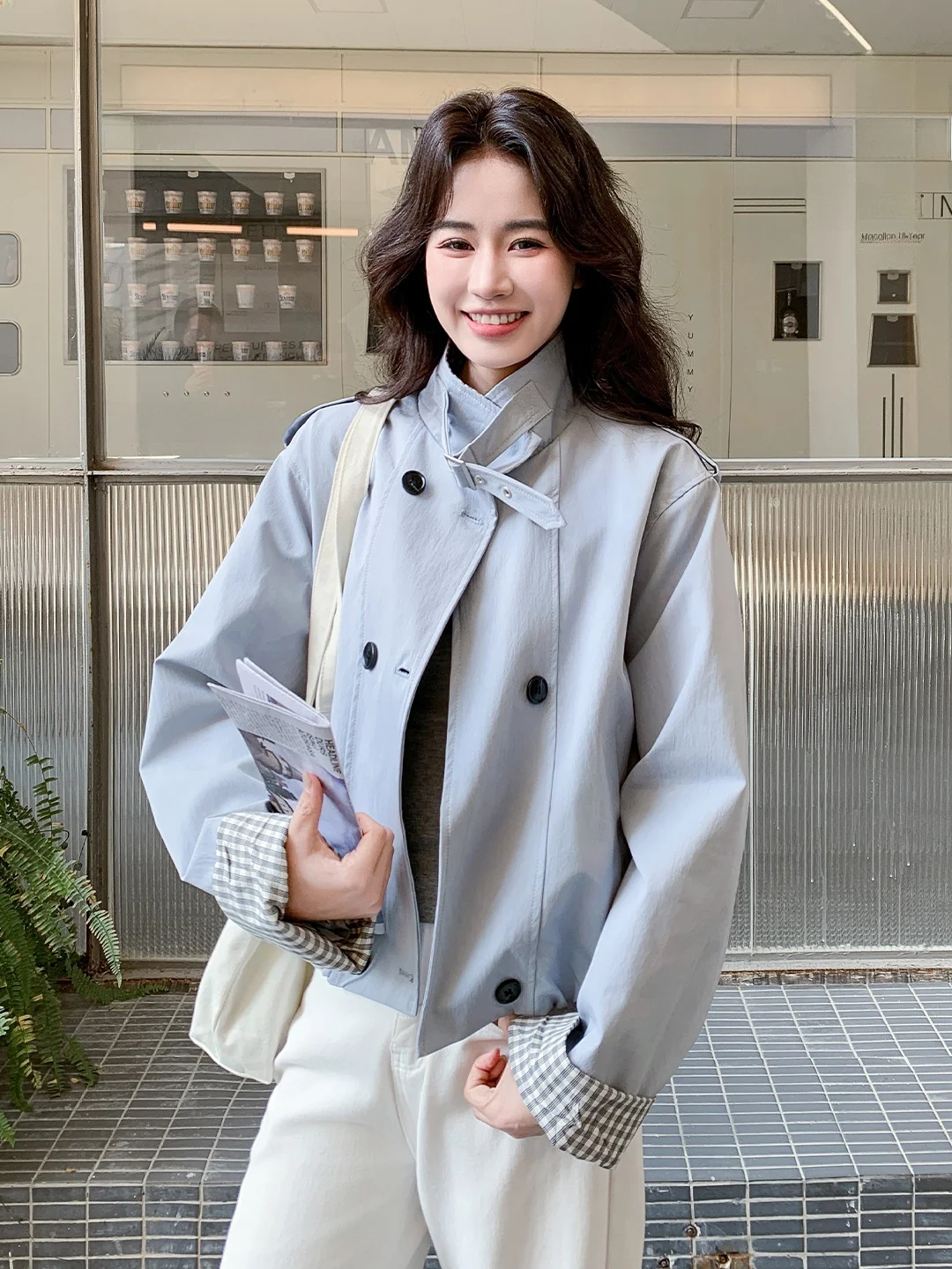 

Fashionable Short Double-Buttoned Stand-Collar Plaid Splicing Women's Jacket Crisp Spring Autumn Style Korean Version Standar...