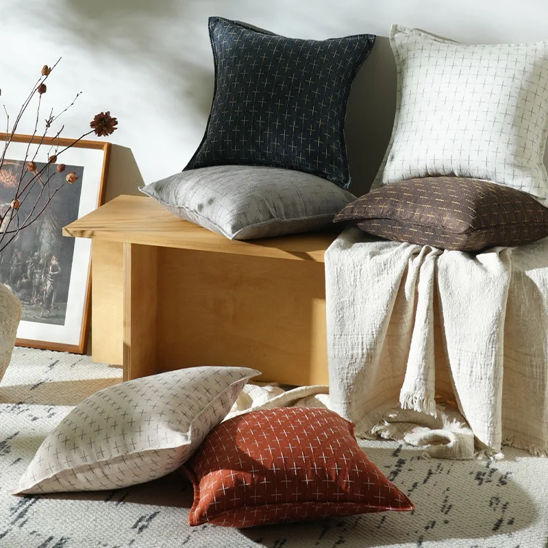 2-piece Cotton Linen Plaid Pillow Covers Modern Luxury Double-sided Jacquard Cushion Cover Square Home Edge Hugging Pillowcase