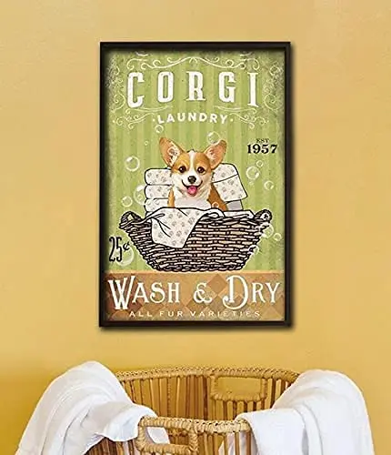 Corgi Laundry Wash and Dry All Fur Varieties Bubble Dog Lovers Metal Tin Sign Poster Wall Plaque Vintage Kitchen Farm Yard Garag