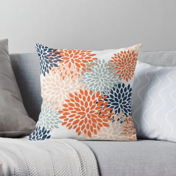 Floral Bloom Orange Peach Navy Blue  Printing Throw Pillow Cover Comfort Sofa Decor Square Bed Pillows not include One Side