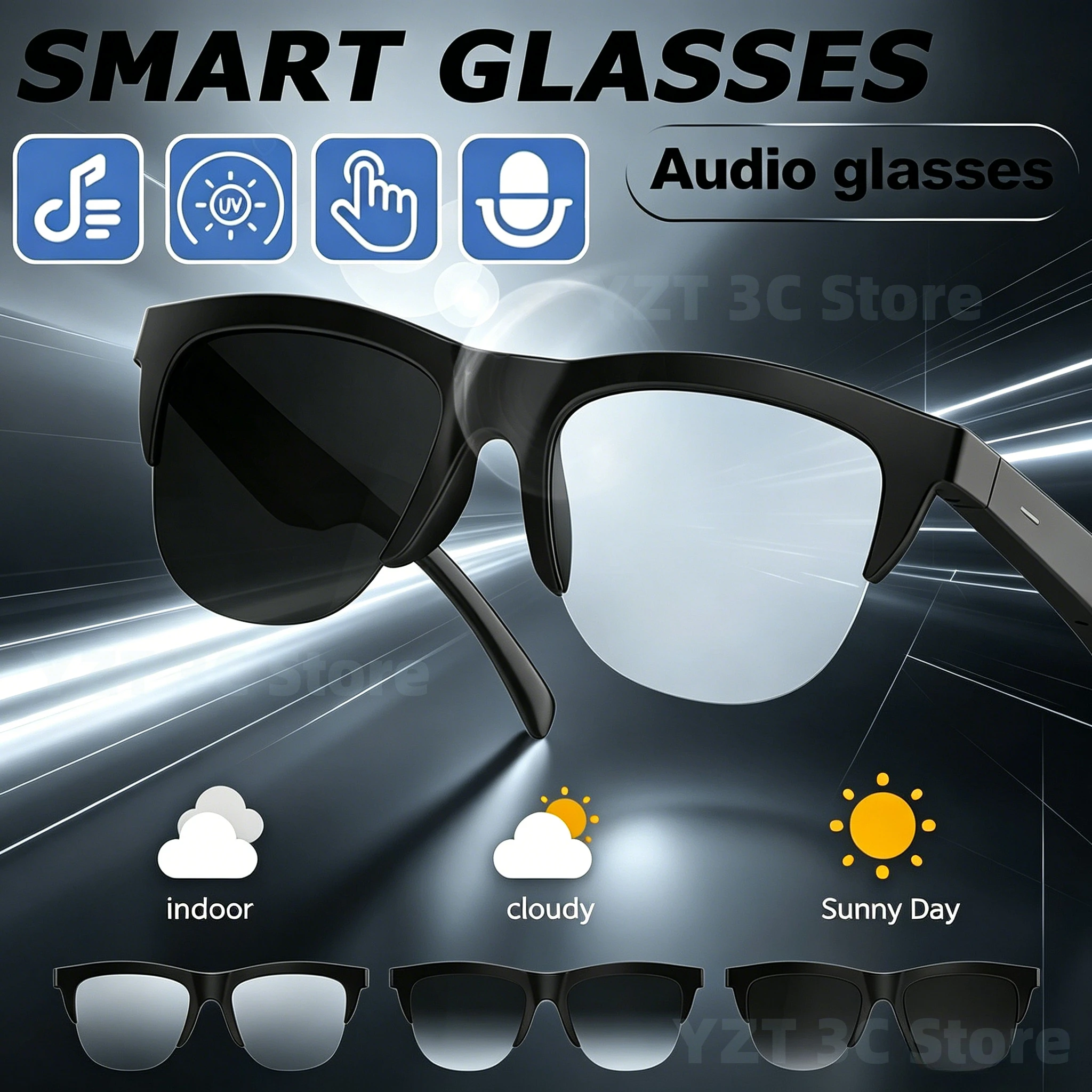 

T0102 Photochromic Smart Glasses,BT Call Open Ear,Touch Control 8H Playtime,15M Range Voice Assistant for Outdoor Driving