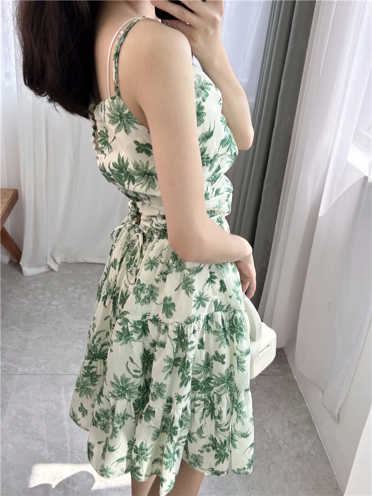 

Green dresses for women elegant Vacation strap dress 2024 spring new French jungle print puffy skirt elegant and high-quality