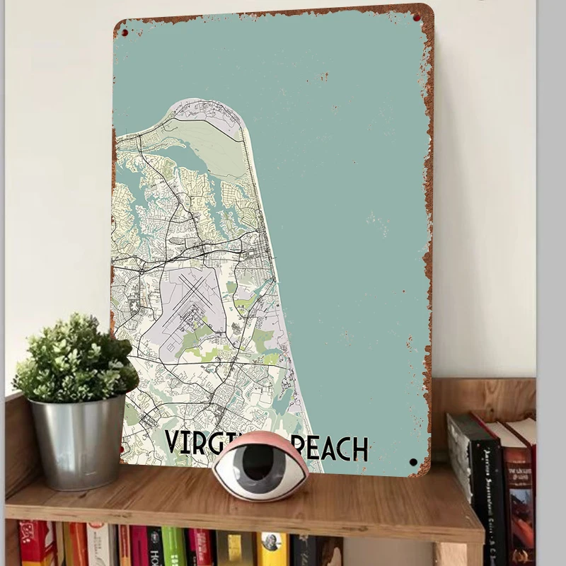 Virginia Beach City Art Map Decorative Metal Tin Sign Modern Home Wall Art Souvenir