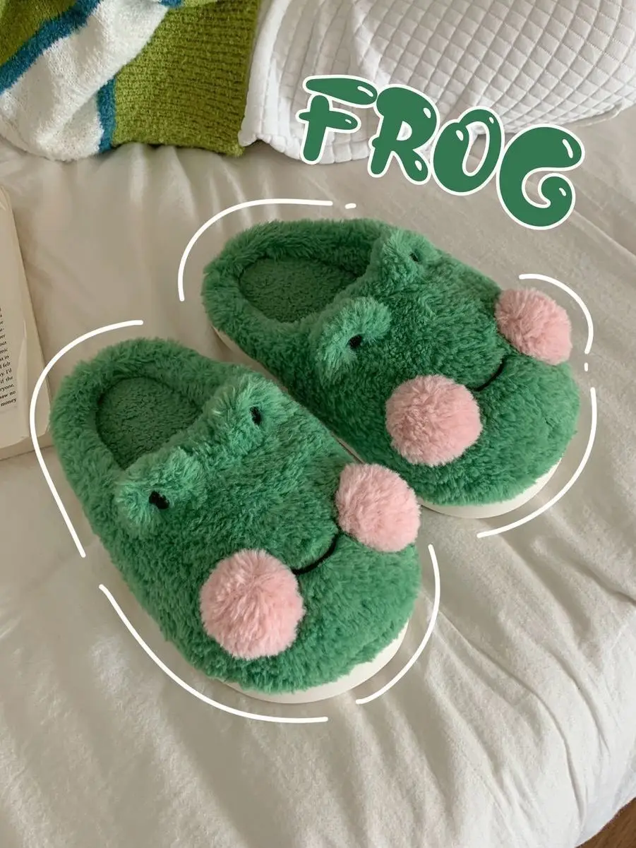 Cute Cartoon Frog Cotton Slippers for Couples Winter Warm Anti-slip Soft Fur Thick Sole Indoor Home Floor Slides for Men And Wom