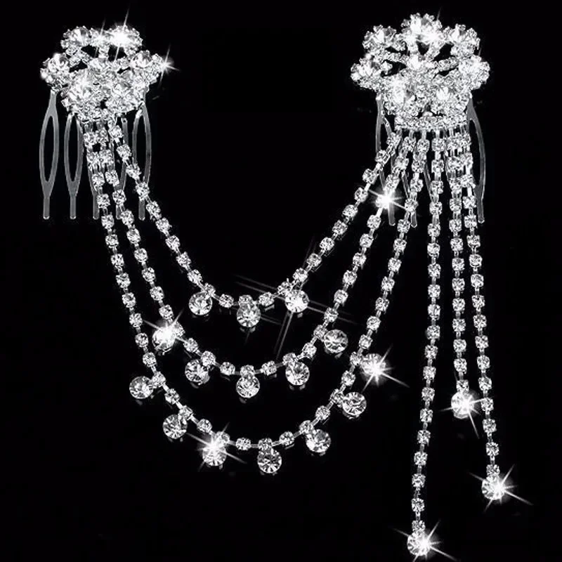 Luxury Silver Color Crystal Flower Bridal Hair Combs Wedding Tassels Headpiece For Women Chain Hair Jewelry