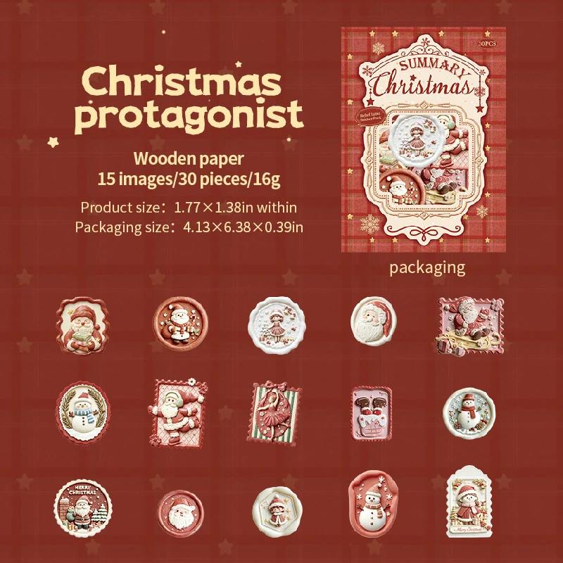 30 stuks retro kerstlabels, reliëf, gemengde vormen, feestdagenstickers voor junk journals, scrapbooking, planners en kaarten