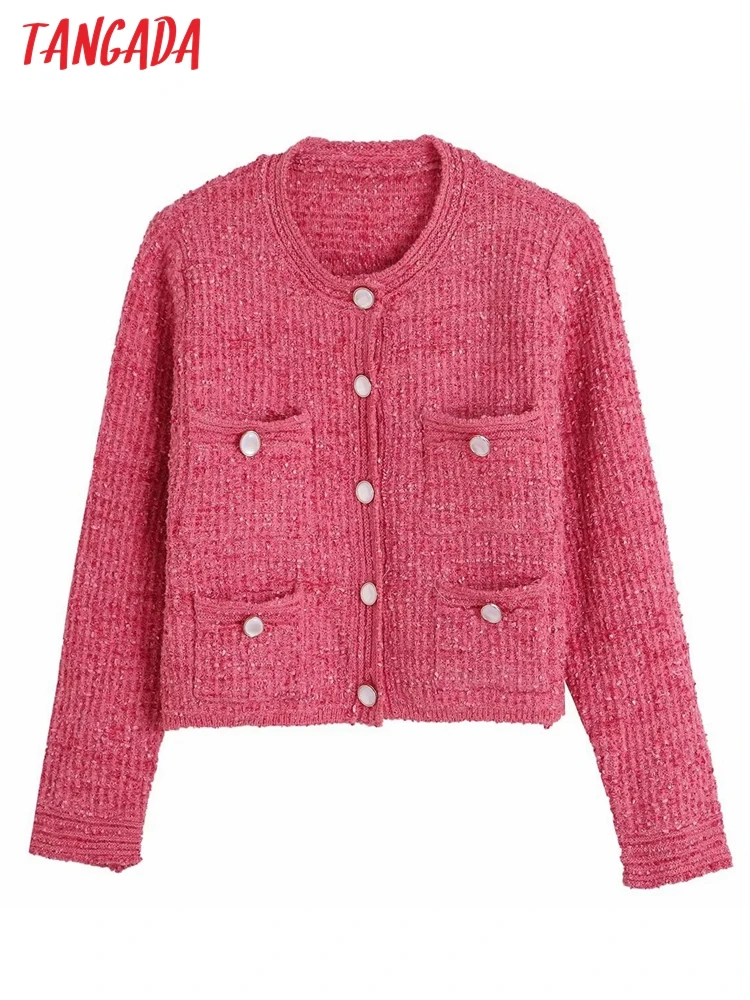 Tangada Women Pink Buttons Cardigan Sweaters Female Thick Crop Jumper Outwear 6H470