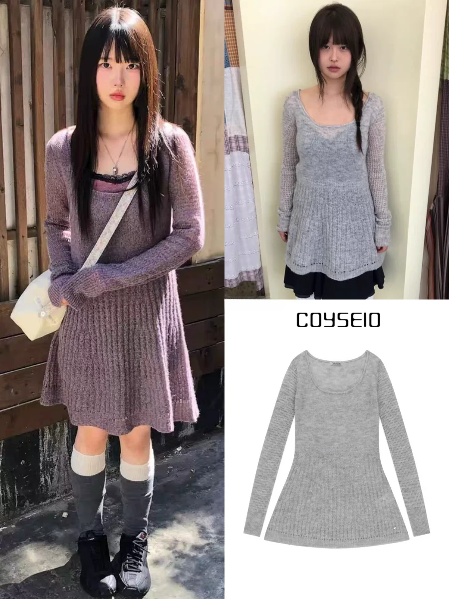 

Coyseio Ginger Squeak Girl Sle Slim Fit Knitted Dr Women Large round Ne Semi Transparent mid Length Long Sve Warmth