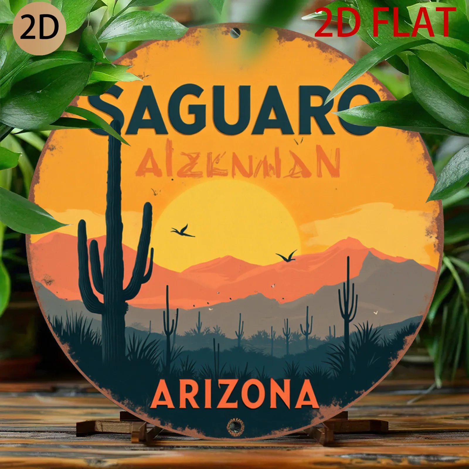 2D Flat, 2d Flat Vintage Metal Sign Saguaro Arizona Desert Cactus Sunset Retro Round Sign Southwestern Wall Art Decor for Patio