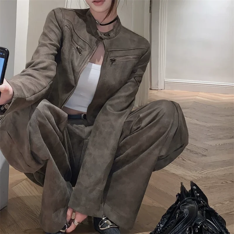 American Street Style Retro 2 Pieces Sets 2026 Fall Stand Collar Motorcycle Jacket&High Waist Wide Leg Pants Casual Tracksuits