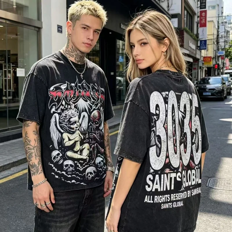 Vintage Washed SAINT Angel Demon Skeleton Print Graphic T Shirts Comfortable High Quality Summer Unisex SAINT Black Short Sleeve