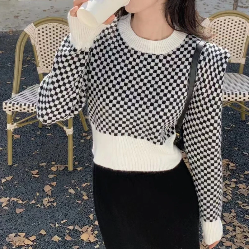 

Autumn Winter Plaid Pullover Sweater Women Knitted Shirts Long Sleeve O-Neck Outwear Casual Sweaters Knitwear Crop Tops