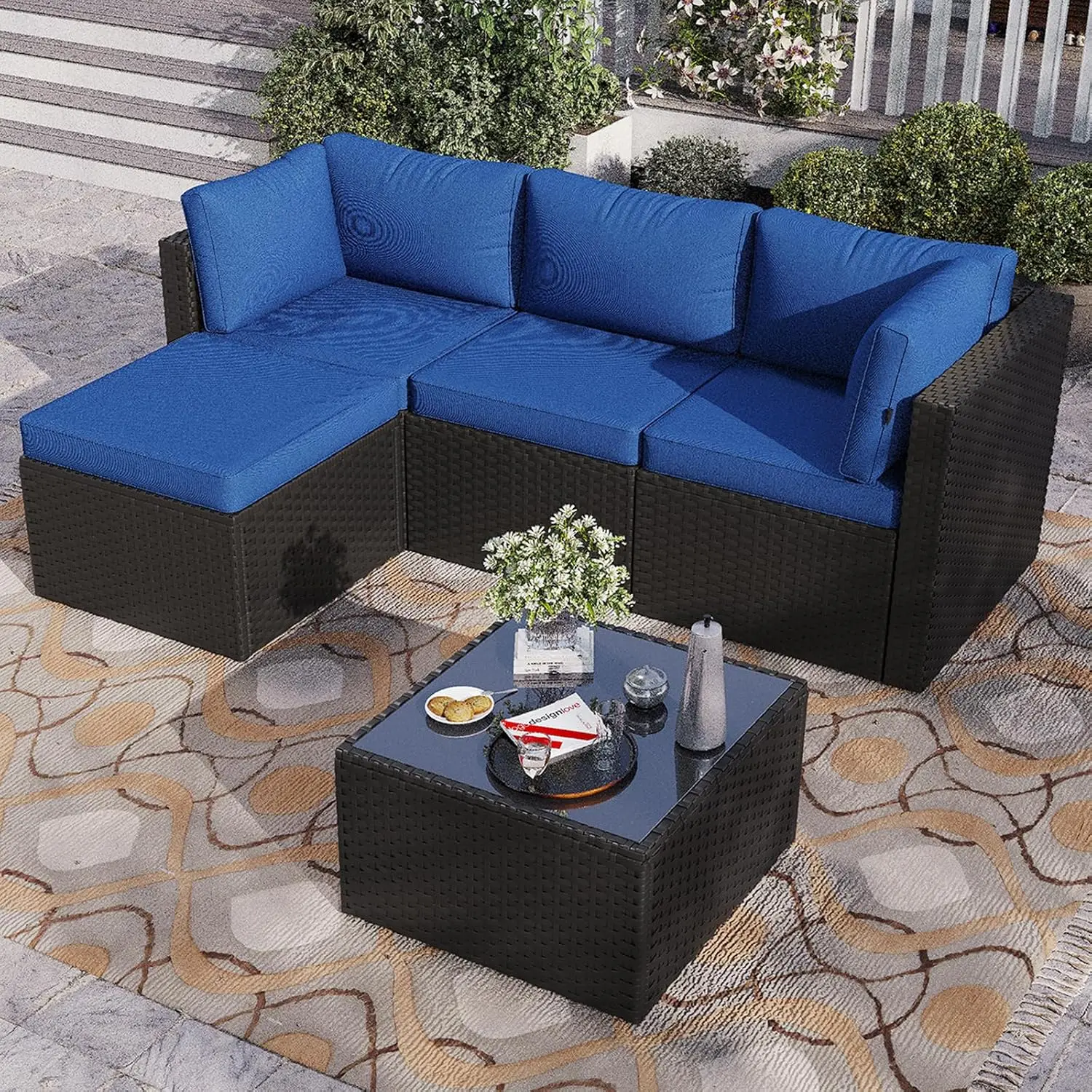 Outdoor Furniture L Shape - Terrassenmöbel-Set 5-teilig, Outdoor-Ecksofas mit Waschbaren Kissen,
