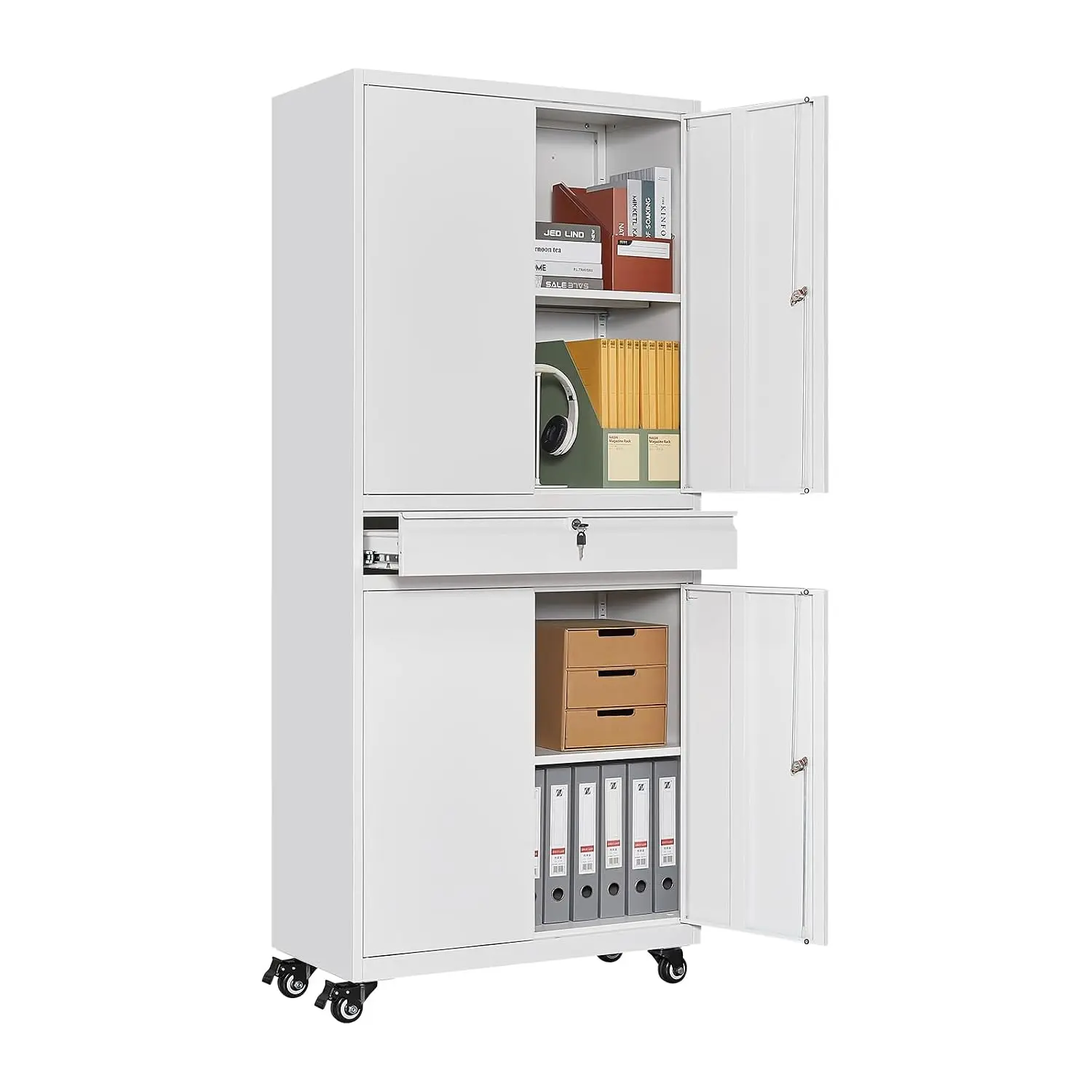 Metal Storage Cabinet with Wheels, Storage Cabinet with Doors and Shelves, Tall Steel Rolling Cabinet for Home Office, Pantry