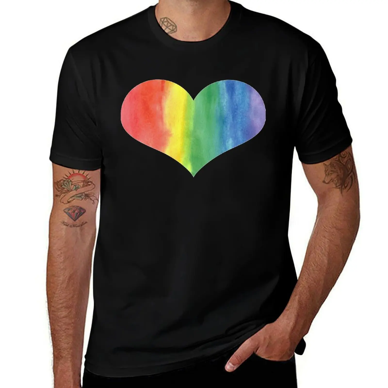 Watercolor Rainbow Pride Heart T-Shirt Active Wear Sports T-Shirt for Men