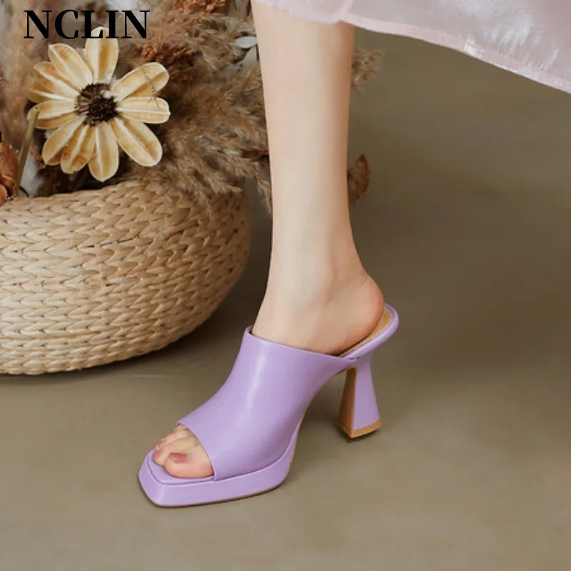 

2024 Summer Women Genuine Leather Slippers Square Toe Chunky Heel Solid Sandals High Heels Sandals Shoes For Women Handmade