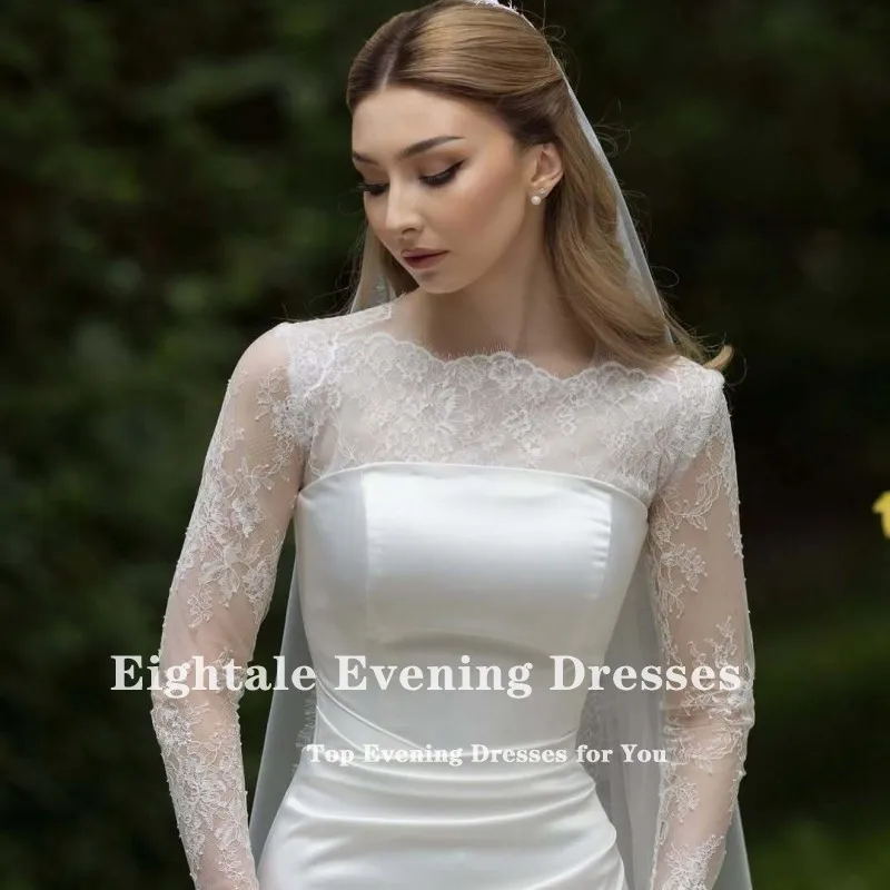 Eightale アラビアのウェディングドレスカスタマイズされたストラップレス長袖サテンアイボリーレースマーメイドブライダルドレス Vestidos デノビア