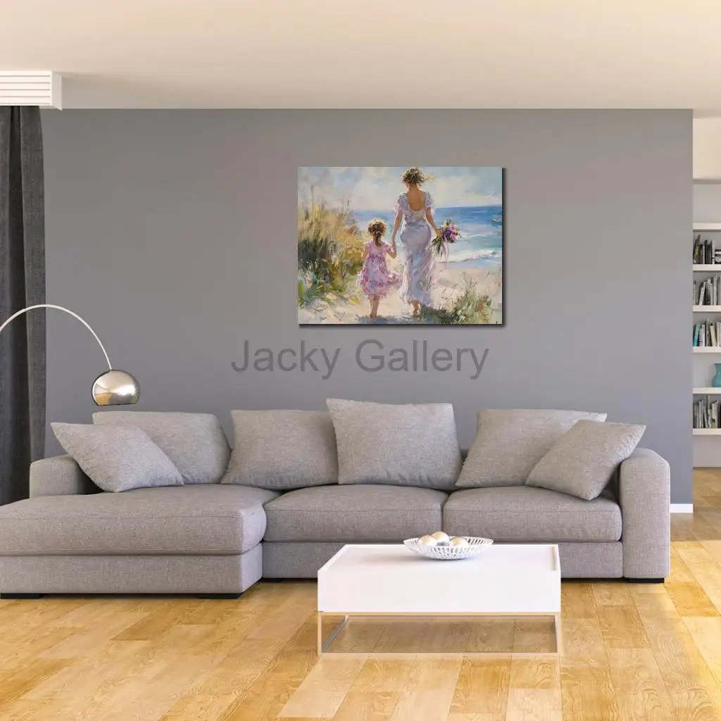 Modern Beach Painting Hand Painted Textured Oil Canvas Art Afternoon Walking Landscape Artwork for Sitting Room Hotel Room Decor