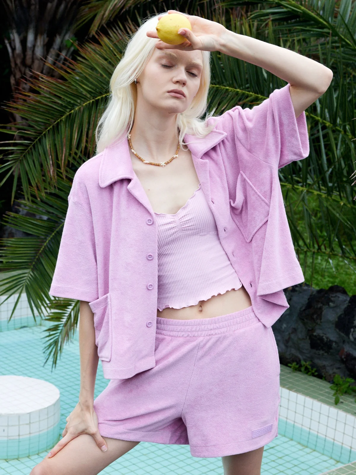 

Koi Holiday Edition Short Sleeve Open Cardigan Towel Cloth Loose Casual Shirt Mist Purple Texture Sensation V-neck Cotton Pol...