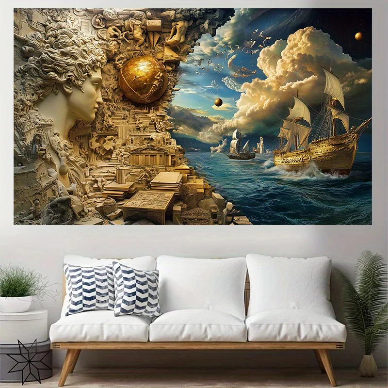 Ancient Greece Art Tapestry Mythology Ocean Ship Wall Hanging Home Decor Classical Sculpture Golden Globe Living Room Art Print