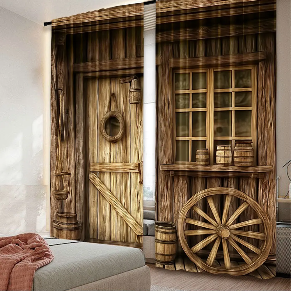 2Pcs Vintage Farm Barn Wooden House Printed Curtain Suitable For Bedroom Bathroom Living Room Dining Room Study Room Office A