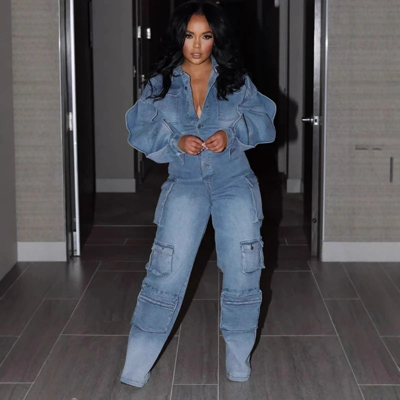 

Jumpsuits Women Overalls Denim Spliced Long Sleeve Ruffles Rompers Pockets Streetwear Solid Jumpsuit Straight Pants Jeans Y2k