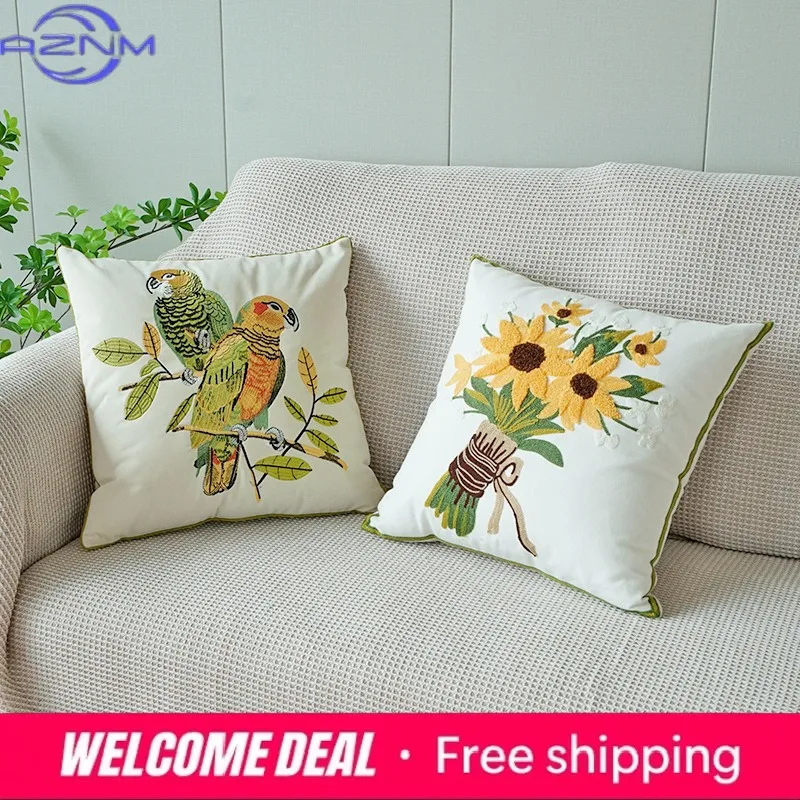 Rural Pillowcase, Fresh Living Room Sofa Pillow, Sunflower Embroidered Waist Pillow, Bedside Cushion