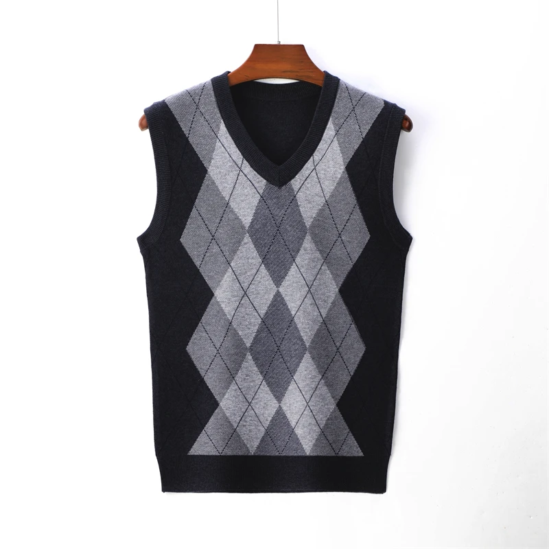 SHAN BAO spring brand 4XL 5XL 6XL 7XL 8XL V-neck knitted vest Classic high-quality rhombus men\'s plaid pullover wool sweater