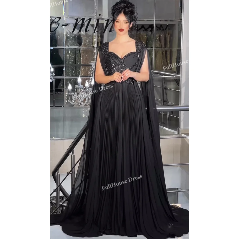 

Custom Made Black V-neck Chiffon Pleated A-line Evening Dress Backless Floor Length Beading Shiny Saudi Dress with Sweep Train