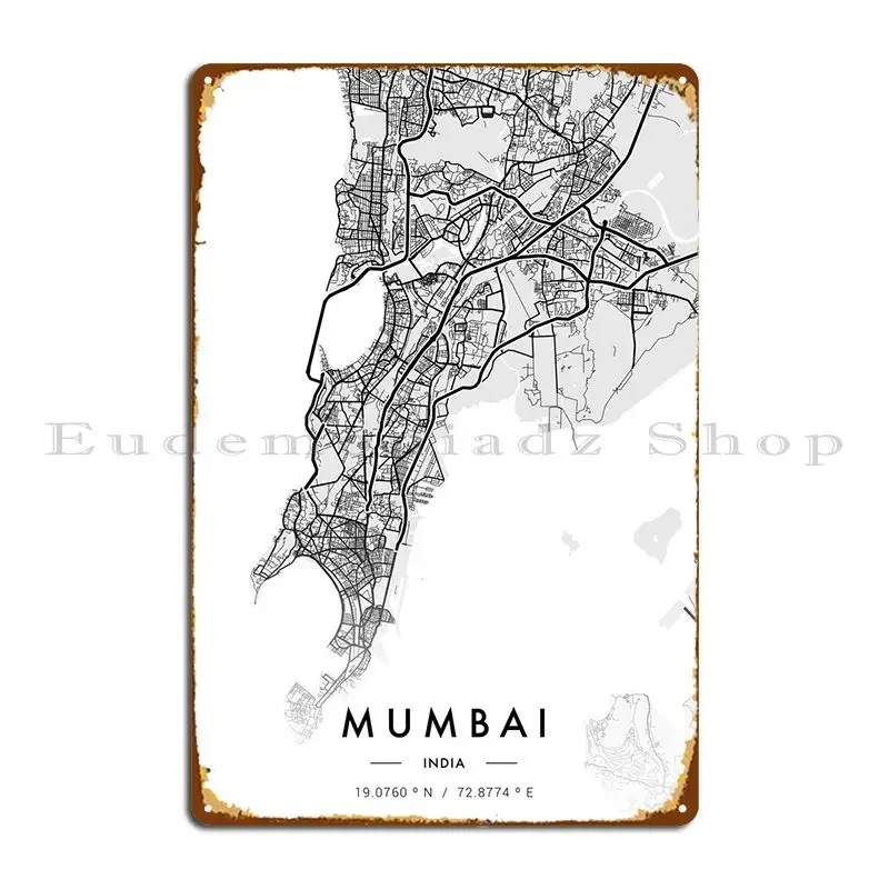 Mumbai City Map White Metal Sign Pub Garage Living Room Cinema Create Tin Sign Poster