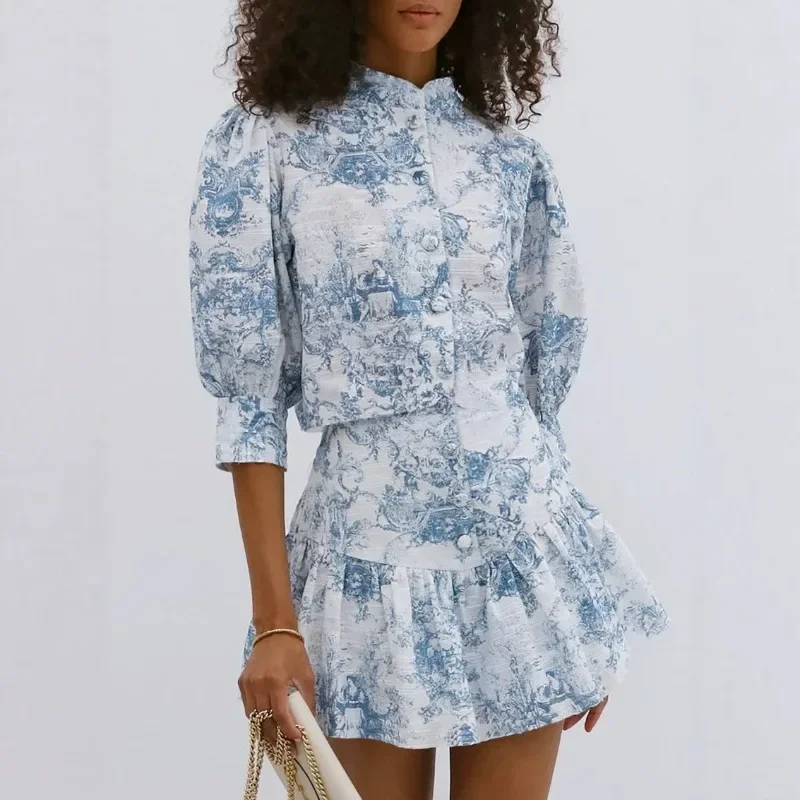 2 Piece Printed Skirt Matching Set Summer Women Stand-up Collar Button Shirt And A-line Ruffle Dress Bohemia Elegant Skirt Suit