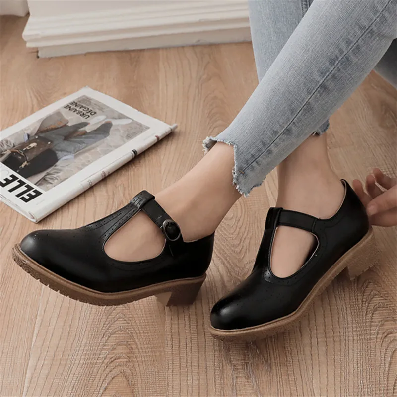 Women Flats Shoes Big Size 33-43 Retro College Wind Round Buckle Thick Crust Muffin Shoes Small Doll Leather Sweet Zapatos Mujer