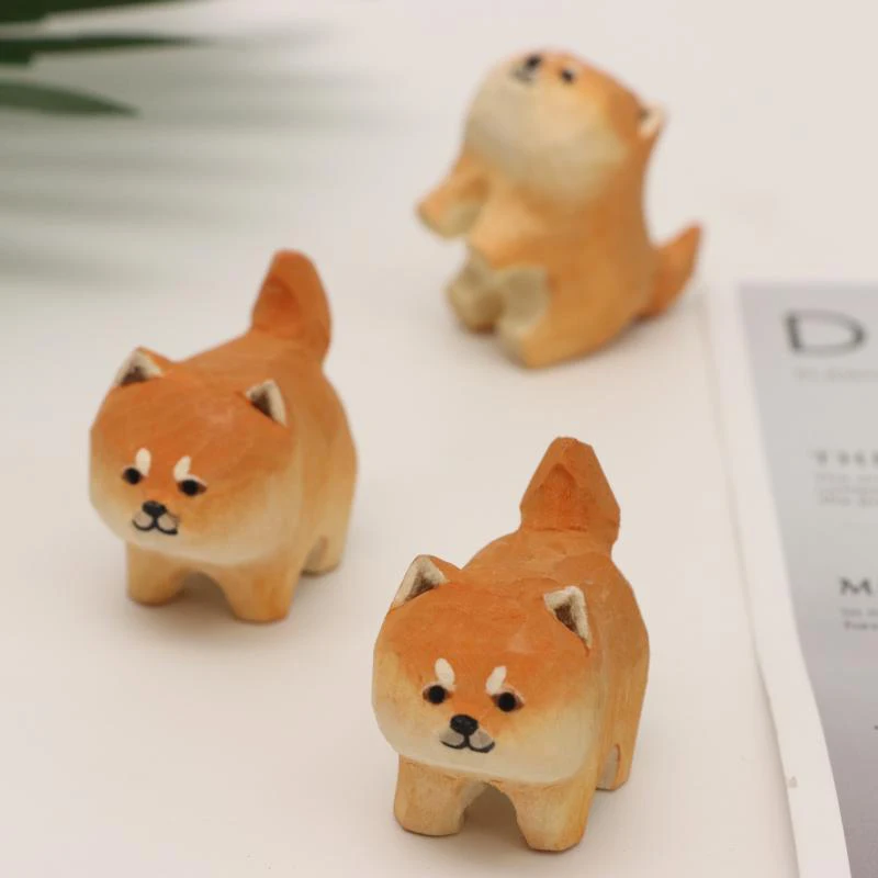 Wooden Dog Shiba Inu Ornament Mini Cute Small Akita Husky Dog Cat Handmade Wood Statues Figurines Desktop Decoration Crafts Gift