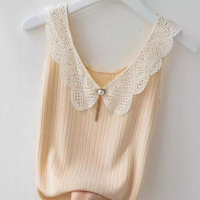 Summer New Ice Silk Tank Top Women Korean Fashion V-neck Solid Patch Lace Pearl Decoration Casual Sexy Sleeveless Bottoming Vest