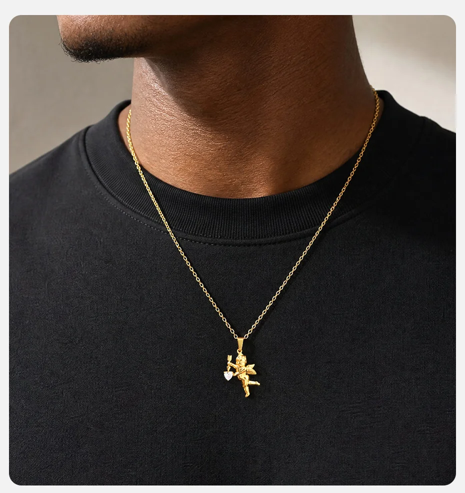 Vnox Goldfarbene Amor-Engel Anhänger Halskette, Edelstahl Herz CZ Stein O-Kette für Männer Frauen, Hip Hop Liebesschmuck Geschenk – Detail 2