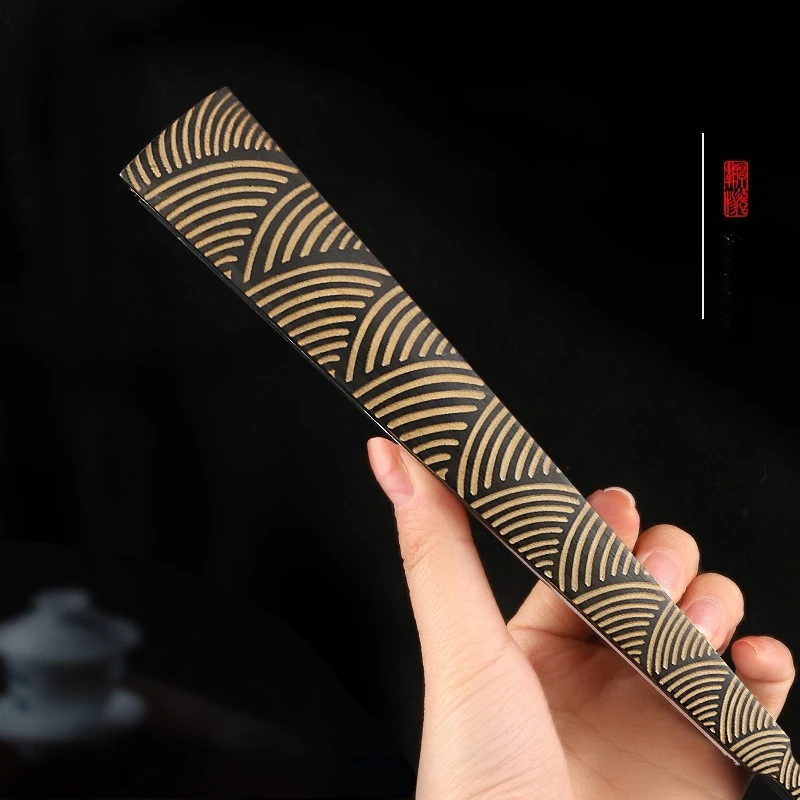 Cloud Pattern Fine Engraved Rice Paper Folding Fan Black Gold Silk Cloth Ancient Style Wave Pattern Guochao Fan Chinese Style