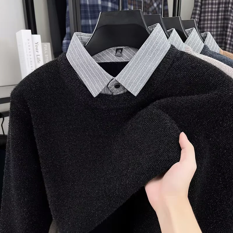 High Quality Plush Warm Men's Knitted Sweater Autumn Winter Comfort Casual Fashion Fake Two-Piece Striped Shirt Collar Pullover