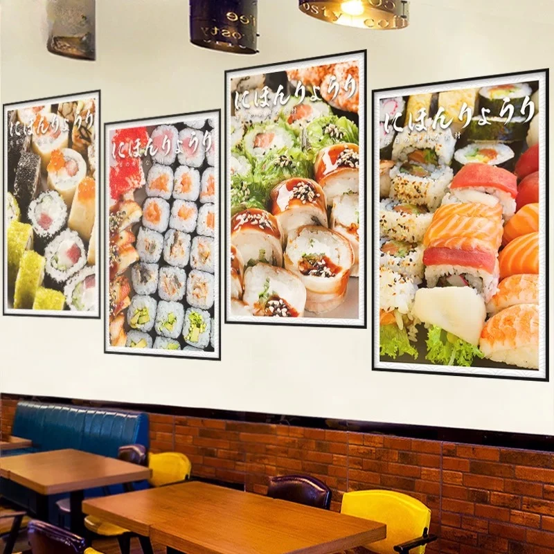 Japanese Restaurant Waterproof Wall Sticker Sushi Sashimi Pattern Poster for Dining Room Window Glass Door Background Wall Decor