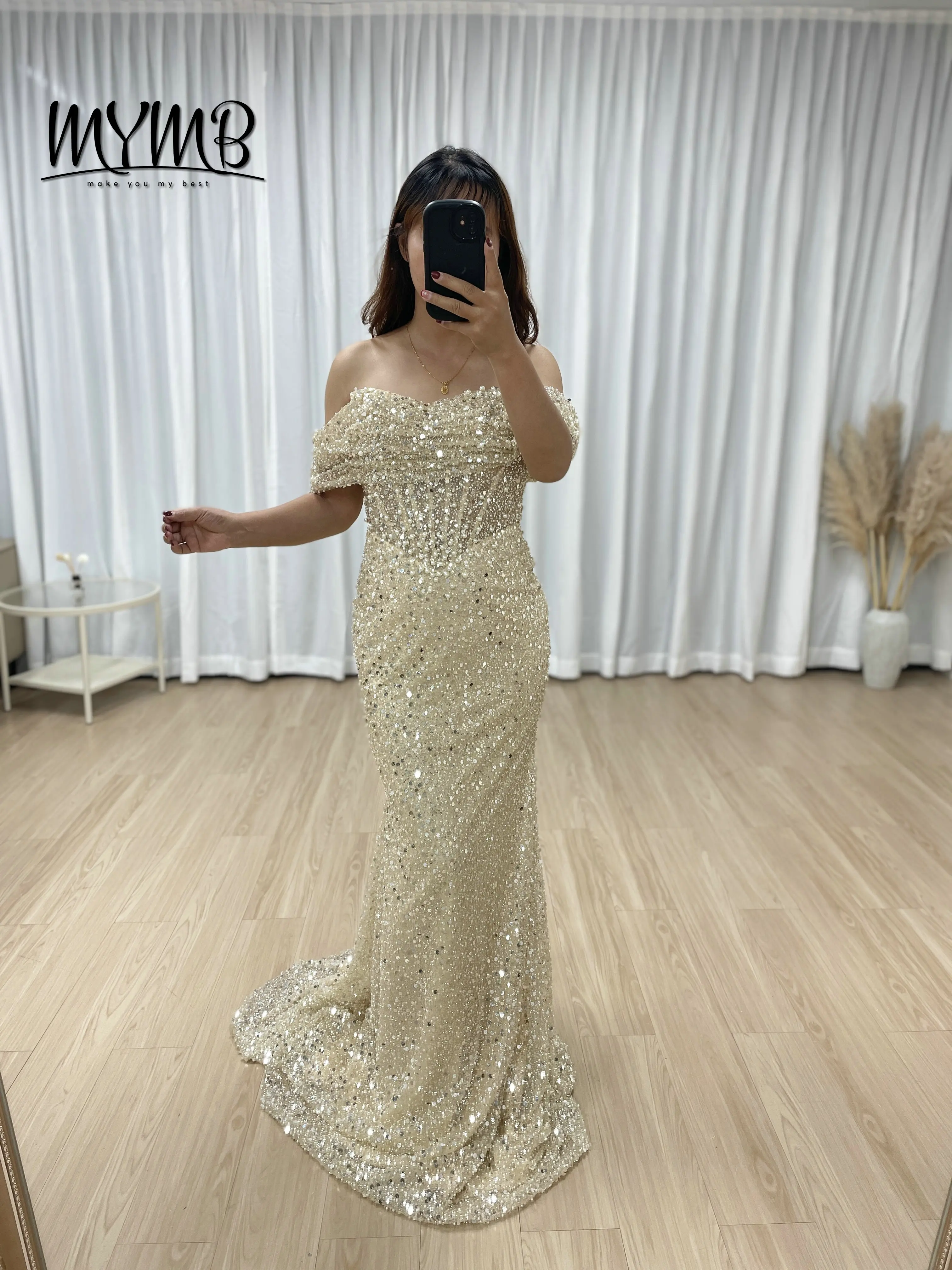 MYMB New Style Nude Mermaid Dress Fishtail Hand Beading Off-shoulder Evening Dresses Sequined Prom Dress for Sexy Lady MY30100-2