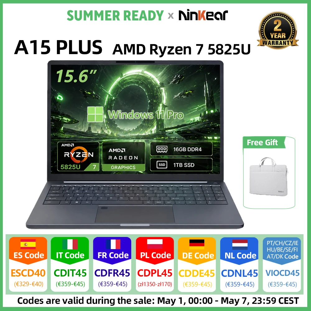 Ordinateur portable Ninkear A15 PLUS 15,6 pouces IPS FHD AMD Ryzen 7 5825U, 16 Go DDR4 + 1 To PCI-E, batterie 57 Wh, Windows 11 PRO, ordinateur de bureau