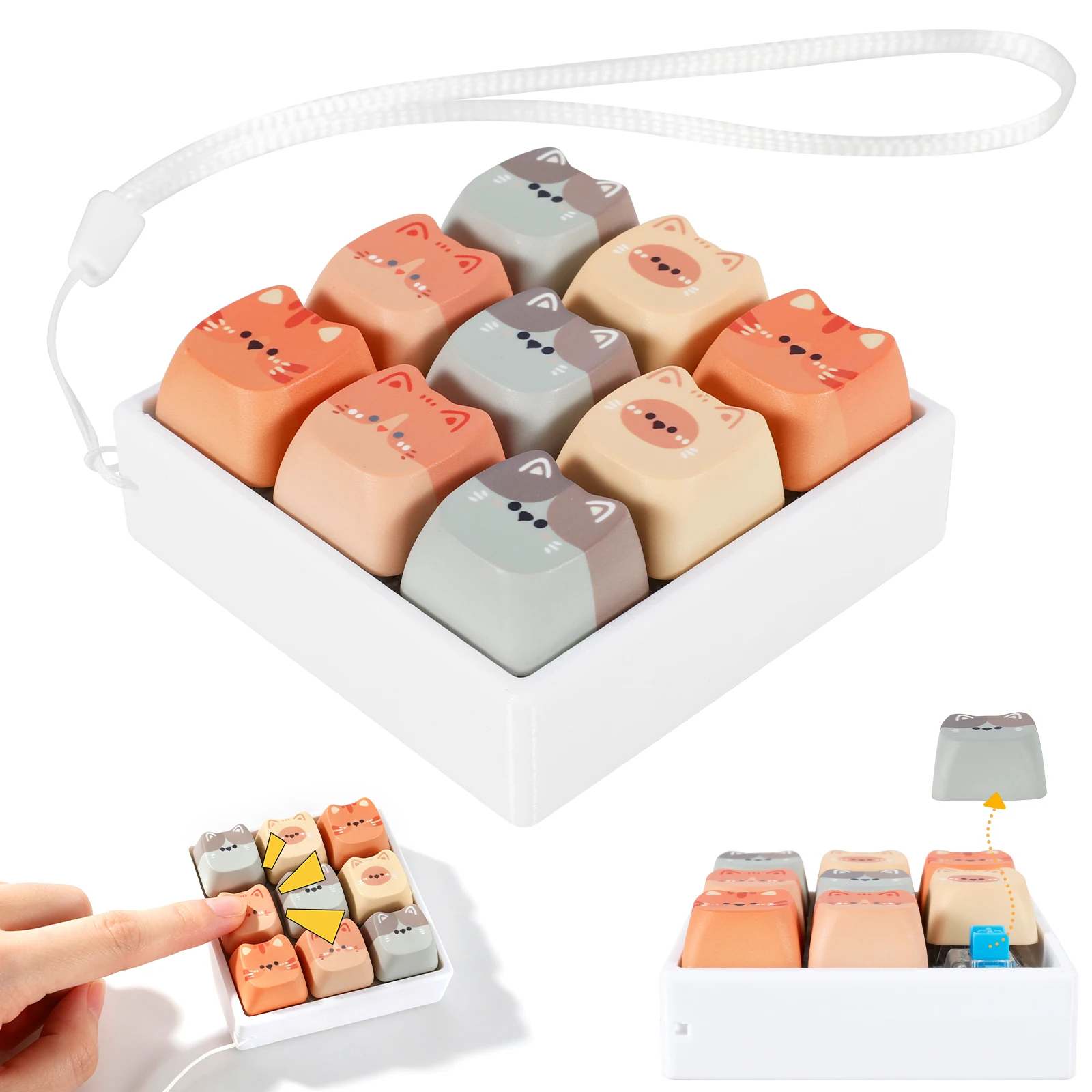Cute Cat Relax Button Keycap Kawaii Cat 9-Key Keyboard Fidget Toy Gift Portable Fidget Keyboard Keychain Fashion Bag Charm