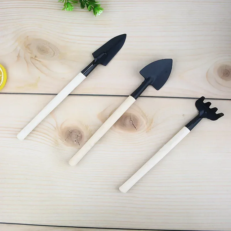 Mini multifunctional garden tools three piece outdoor plant loose soil shovel wooden handle flower garden tool shovel