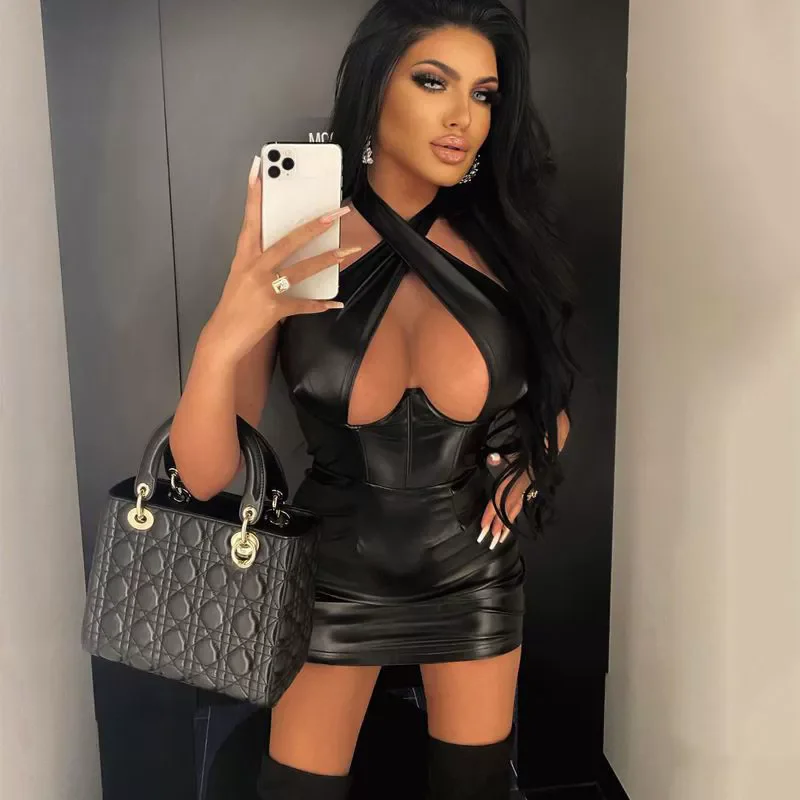 Sexy Off Shoulder Wrap Chest Hollow Out Imitation Leather Bodycon Dress Women Sleeveless Skinny Evening Dress Club Party