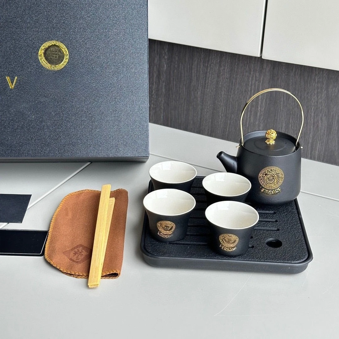 

Black Ceramic Tea Set with Strainer and Tea Tray 1 Pot 4 Cups Outdoor Travel Tea Brewing Gift Set