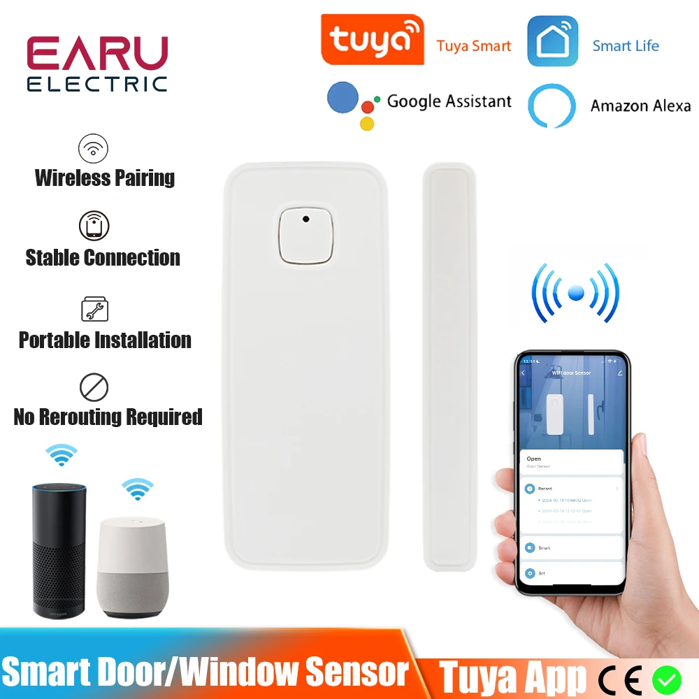 TUYA-Sensor inteligente WiFi para puerta y ventana, Detector de apertura y cierre, Notificación por aplicación, alarma de seguridad, Smart Life,