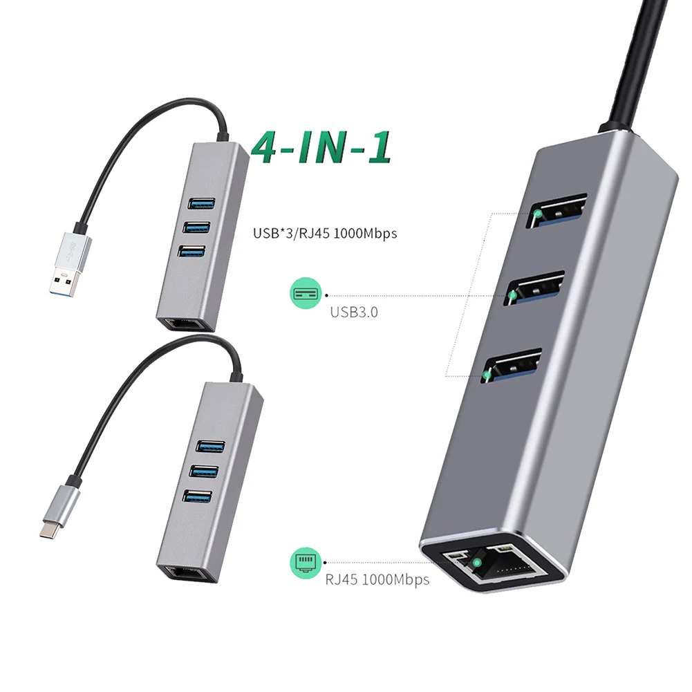 

USB 3.0 Type-C 4in1 Hub 1000Mbps RJ45 LAN Ethernet Adapter 3 Ports USB3.0 5Gbps OTG Splitter Network Card for Laptops PC Grey