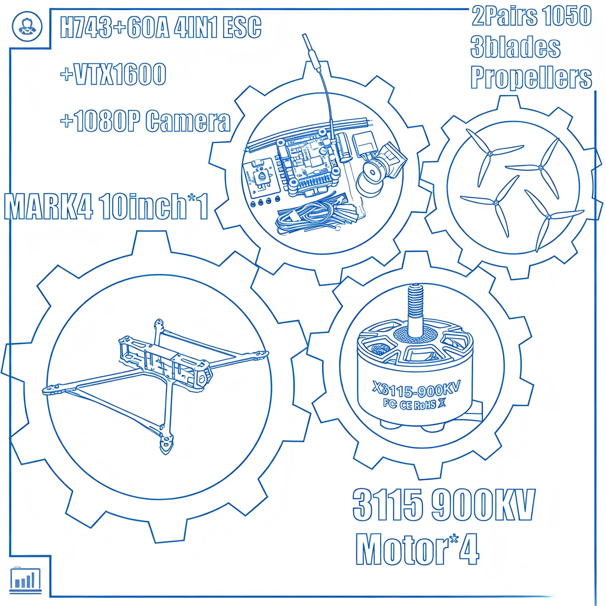 

MARK4 V2 8/9/10-дюймовый дрон с полетным контроллером H743, ESC 60A 4INI, карбоновым корпусом, для FPV-гонок и фристайла