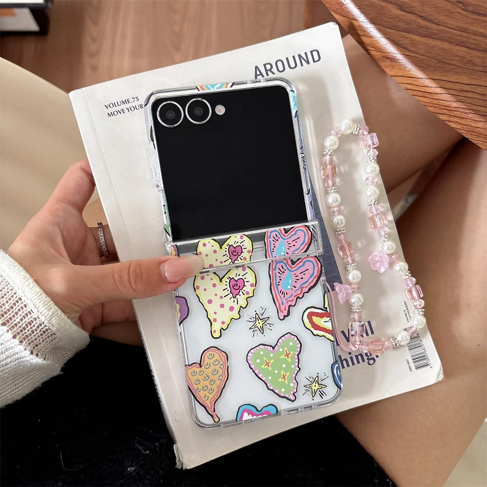 Trendy Playful Graffiti Heart Star Printed Clear Phone Case for Samsung Galaxy Z Flip 7-3 Crystal Bead Strap Protective Cover