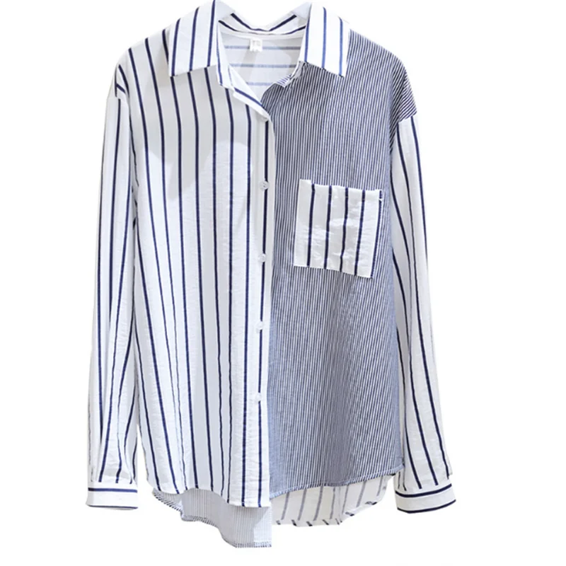 Real Stitching Striped Long-Sleeved Shirt Women's Design Sense Niche 2023 Loose Shirt Top Tide Elegant And Youth Woman Blouses